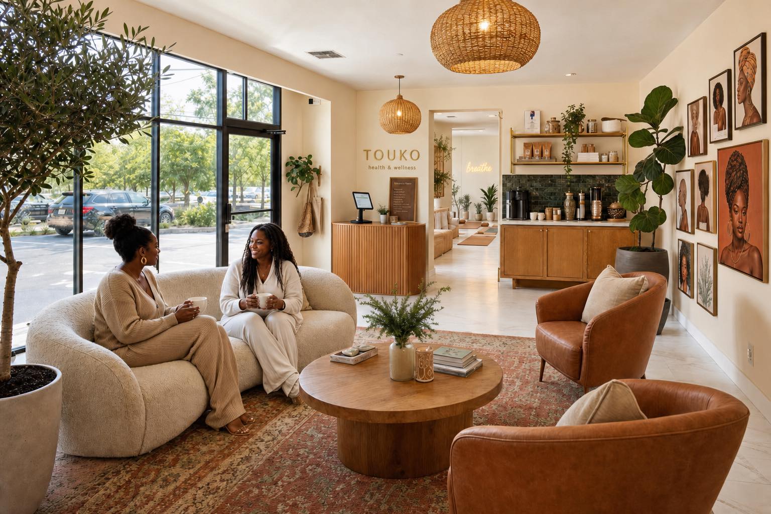 The Touko lounge — cream walls, warm wood, plants, and soft seating